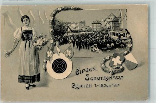 8000 Zürich - Eidgen. Schützenfest Juli 1907 Strassenbahn Zielscheibe Wappen