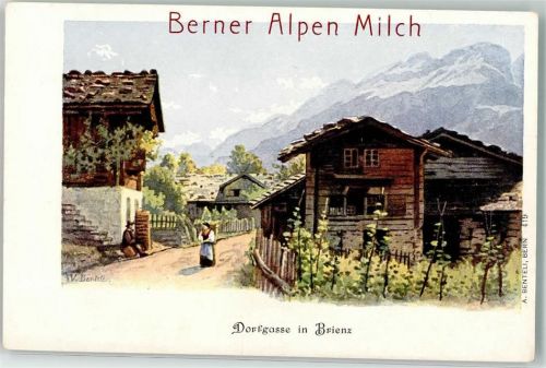 3855 Brienz BE Lithographie Werbung Berner Alpen Milch Dorfstrasse