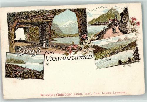6442 Gersau Lithographie Gruss vom Vierwaldstättersee Vignau Brunnen Mythen Kirche Blumen