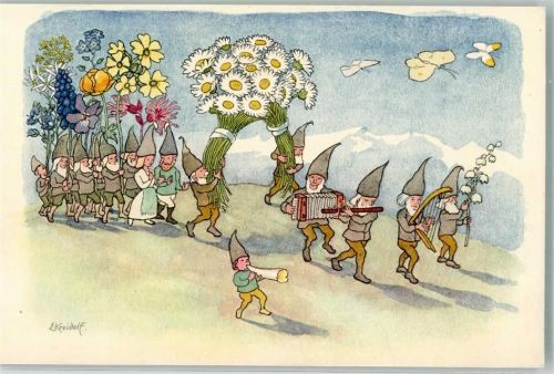 Zwerg sign. E. Kreidolf Pro Juventute Fürhling Pro Juventute Schweiz Lithographie