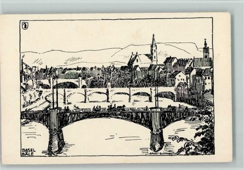 Basel Bâle Federzeichnung sign Ernst Buchner , gute Erhaltung Pro Juventute Schweiz Künstlerkarte