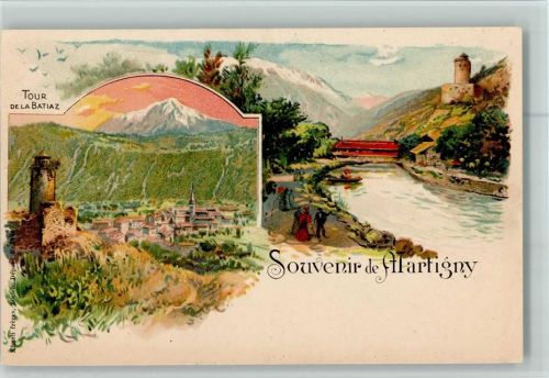 1920 Martigny Gueuroz Lithographie Tour de la Batiaz Verlag Künzli