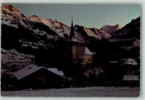 3714 Frutigen - Winterabend Kirche Sattelhorn Zahlershorn Doldenhörner Fisistöcke Balmhorn Altels