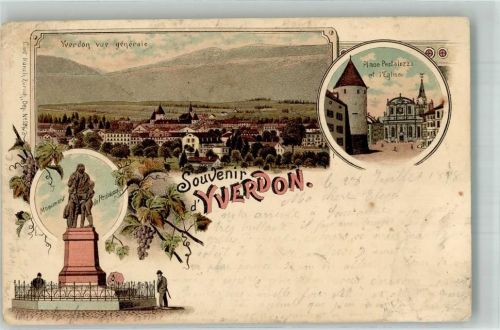 1400 Yverdon-les-Bains 1898 Gebrauchsspuren Denkmal Pestalozzi Kirche Lithographie