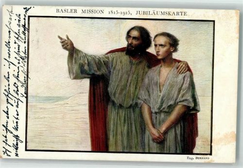 Basler Mission Jubiläumskarte Künstlerkarte E. Burnand Motiv Schweiz Gebrauchsspuren