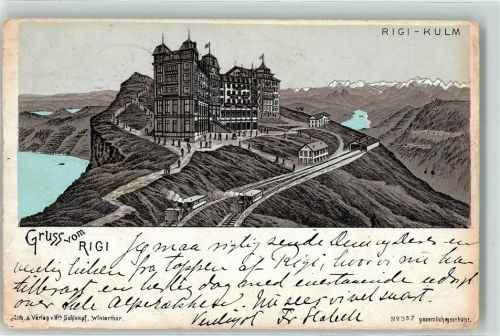 6410 Rigi Kulm 1900 Gebrauchsspuren Bergbahn See Boot Berge Lithographie