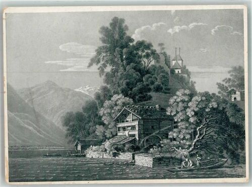 3852 Ringgenberg BE Gebrauchsspuren Mühle Burg Ringgenberg Stich auf AK