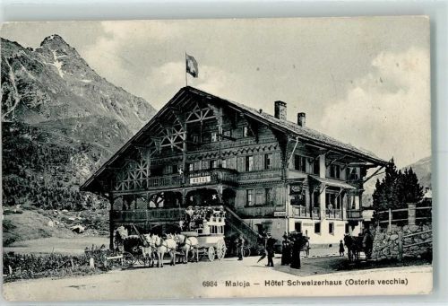 Maloja Hotel Schweizerhof AK Postkutsche Schweiz 1910 Gebrauchsspuren