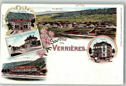 2126 Les Verrières Gebrauchsspuren Bahnhof Hotel Rue aux Verrieres Lithographie