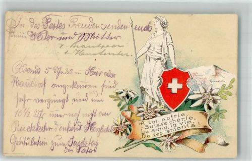 A toi, patrie, Suisse cherie Helvetia 1902 Prägedruck