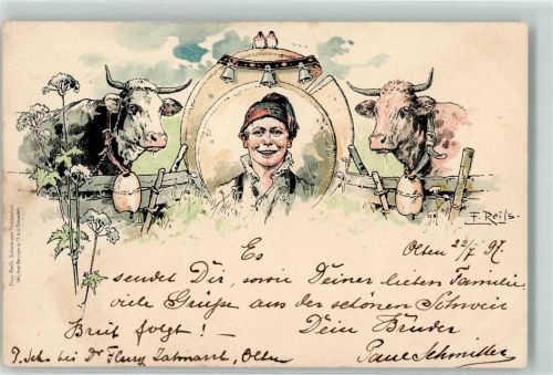 4600 Olten Künstlerkarte Kühe sign. F. Reil`s Ort handschriftlich