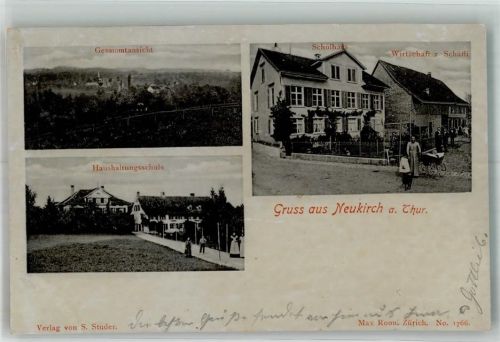 9217 Neukirch an der Thur 1904 Foto AK Schulhaus Gasthaus z. Schäfli Haushaltungsschule