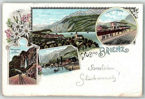 3855 Brienz BE 1897 Gebrauchsspuren Hotel auf dem Rothorn Rothornbahn Mühlbach Lithographie
