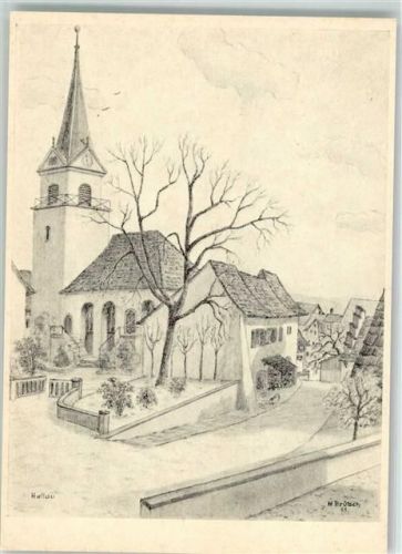 8215 Hallau Radierung Zeichnung der Kirche von Hallau sign. W.Brütsch