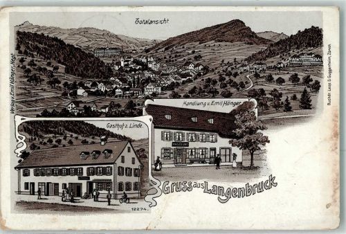 4438 Langenbruck 1907 Lithographie Gasthaus Zur Linde Handlung Emil Hänger