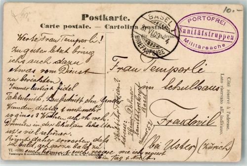 Basel Bâle Feldpost Sanitätstruppen Portofrei Militärsache Phila Schweiz 1909