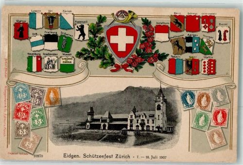 8000 Zürich Prägedruck Eidgen. Schützenfest Juli 1907 Wappen Briefmarkenabbildungen Lithographie