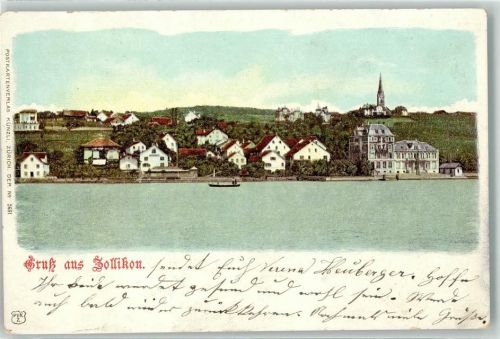 8702 Zollikon 1901 Lithographie Kirche See Ruderboot Gruss