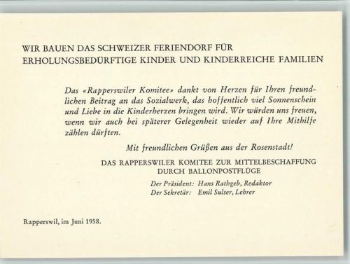 Rapperswil SG Rapperswiler Komitee zur Mittelbeschaffung durch Ballonpostflüge - Spendendank Motiv Schweiz 1958 KEINE AK