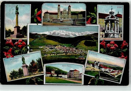 8840 Einsiedeln - St. Meinrads Statue Liebfrauenbrunnen Kloster Schulhaus St. Benedictus