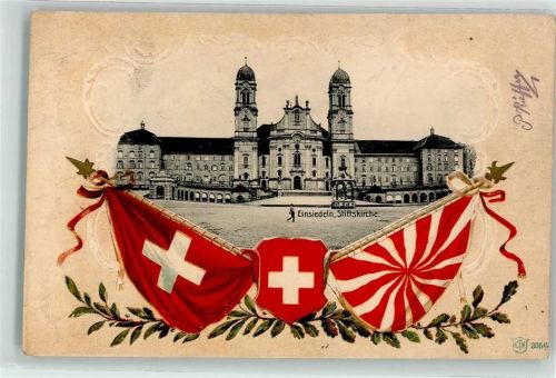 8840 Einsiedeln 1906 Prägedruck Stiftskirche Wappen Flaggen