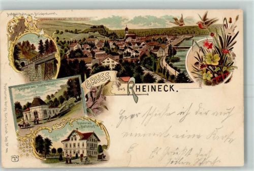9424 Rheineck Lithographie Gruss aus Restaurant "Bahnhof" und Drahtseilbahn Bahnhof , Verlag Künzli 700 AK