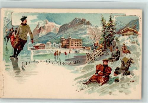 3818 Grindelwald Lithographie Gruss aus - - Wintersport, Schlitten, Schlittschuh, Verlag Müller & Trüb Nr. 58 AK