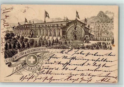 3000 St. Gallen Lithographie Militär Volksmusikfest 1897 Festhalle