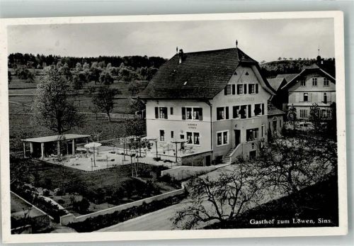 5643 Sins 1935 Foto AK Gasthaus zum Löwen Bahnpost Zug 2769