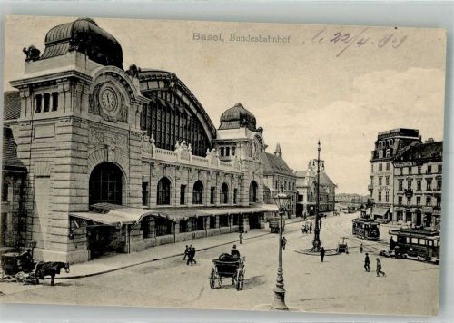 Basel Bâle Bundes- Bahnhof Straßenbahn Bahnhof Schweiz 1909 Foto AK