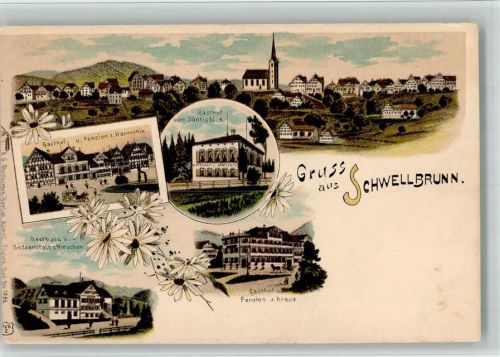 9103 Schwellbrunn BOAKC Lithographie Gasthaus Pension Zur Harmonie Gasthaus Badeanstalt Zum Hirschen Gasthaus Zum Säntisblick Gasthaus Pension Zum Kreuz Verlag Künzli Nr 1886