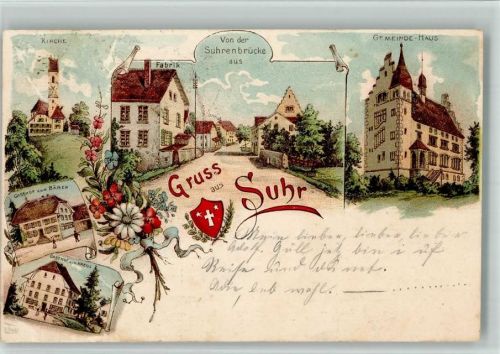 5034 Suhr 1899 BOAKC Lithographie Gasthaus Zum Bären Zum Kreuz Fabrik Gemeindehaus Kirche Gebrauchsspuren, bitte Scan genau beachten!