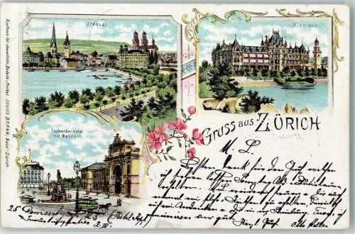 8000 Zürich 1899 Lithographie Utoquai Alpenquai Escherdenkmal mit Bahnhof