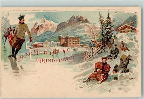 3818 Grindelwald Lithographie Bear-Hotel Schlittenfahrt Winter Schlittschuhläufer