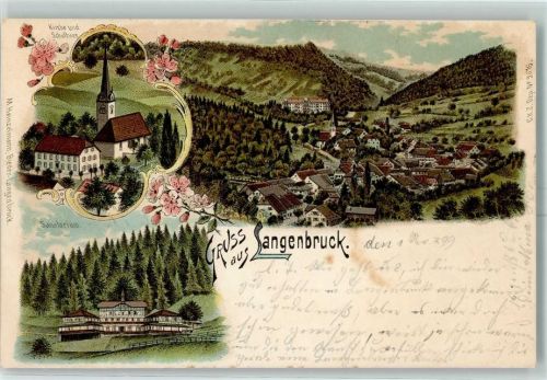 4438 Langenbruck 1899 Lithographie Kirche Schulhaus Sanatorium