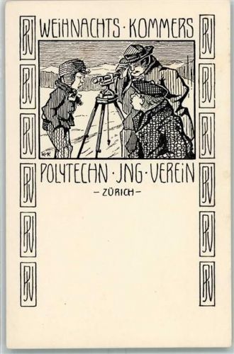 8000 Zürich Künstlerkarte Weihnachts Kommers Polytechn. Ing. Verein Fernrohr sign