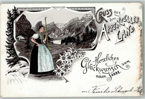 Lithographie Gruss aus Neujahr Appenzeller Land Tracht AK