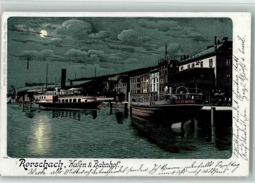 9400 Rorschach 1899 Lithographie / Mondschein Hafen Bahnhof