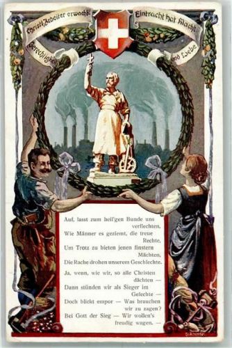 8953 Dietikon 1914 Lithographie Fahnenweihe des Kathol. Arbeiterverein Schmied Denkmal