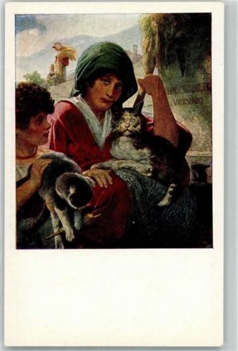 sign. Ernst Stückelberg Kinder und Katze AK Pro Juventute Schweiz Künstlerkarte