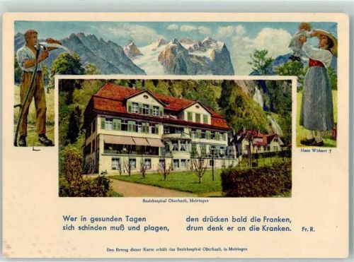 3860 Meiringen Künstlerkarte Bezirksspital Oberhasli Tracht sign. Hans Widmer