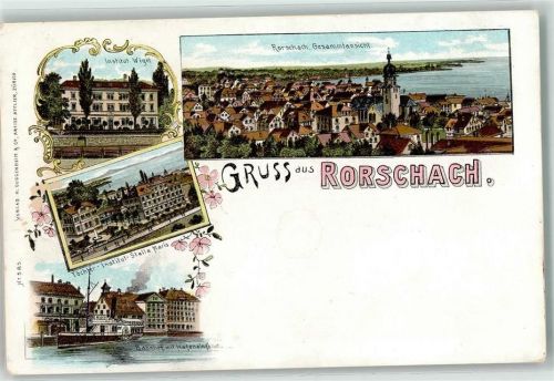 9400 Rorschach 1899 Lithographie Institut Wiget Töchter Institut Stella Maris Bahnhof Hafeneinfahrt