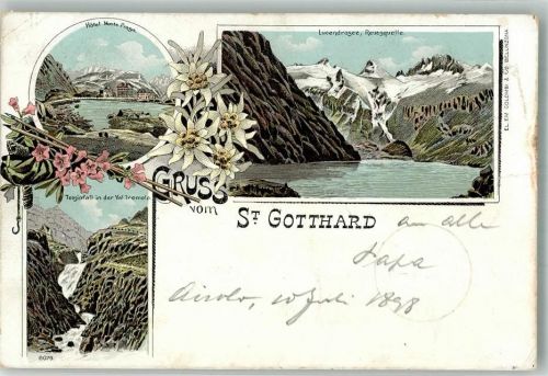 St Gotthard 1898 Gebrauchsspuren Hotel Monte Prosa Reusquelle Wasserfall St. Gotthard Lithographie