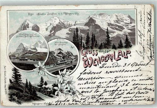 Wengernalp 1896 Lithographie Eiger Mönch Jungfrau Hotel Scheidegg Kleine Scheidegg Wengern-Alpbahn