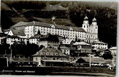 7180 Disentis Mustér 1952 Foto AK Bahnhof Eisenbahn Kloster