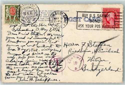 Hünibach Nachporto 15 Rappen Taxe 10 Centimes Destination Vereinigte Staaten von Amerika Schweiz Phila Schweiz