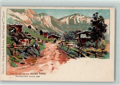 1900 Lithographie Les Etables au Village Suisse Rinder Exposition Paris 1900