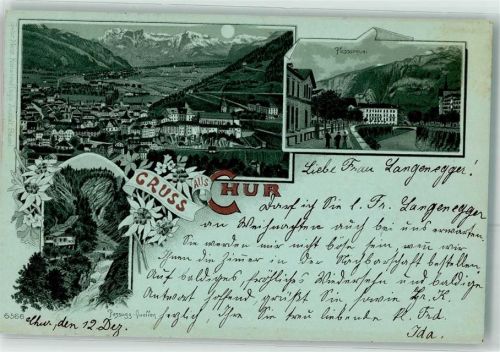 7000 Chur Coire 1898 Gebrauchsspuren Plessurquai Passugg Quellen Edelweiß Lithographie/Mondschein
