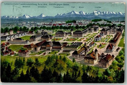 3000 Bern Berne Lithographie Landesausstellung 1914 Ansicht gege Süden Ausstellungsstempel
