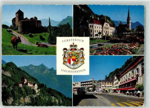 9490 Vaduz Foto AK Landesfürstliche Residenz Kirche Kuh Gasthaus Wappen